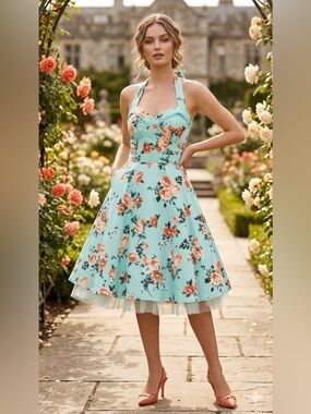 Hot Topic Mint Floral Halter Fit-and-Flare Midi Dress